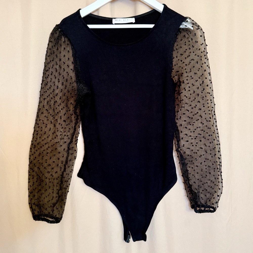 Blue Blush Black Bodysuit with Sheer Polka Dot Sleeves